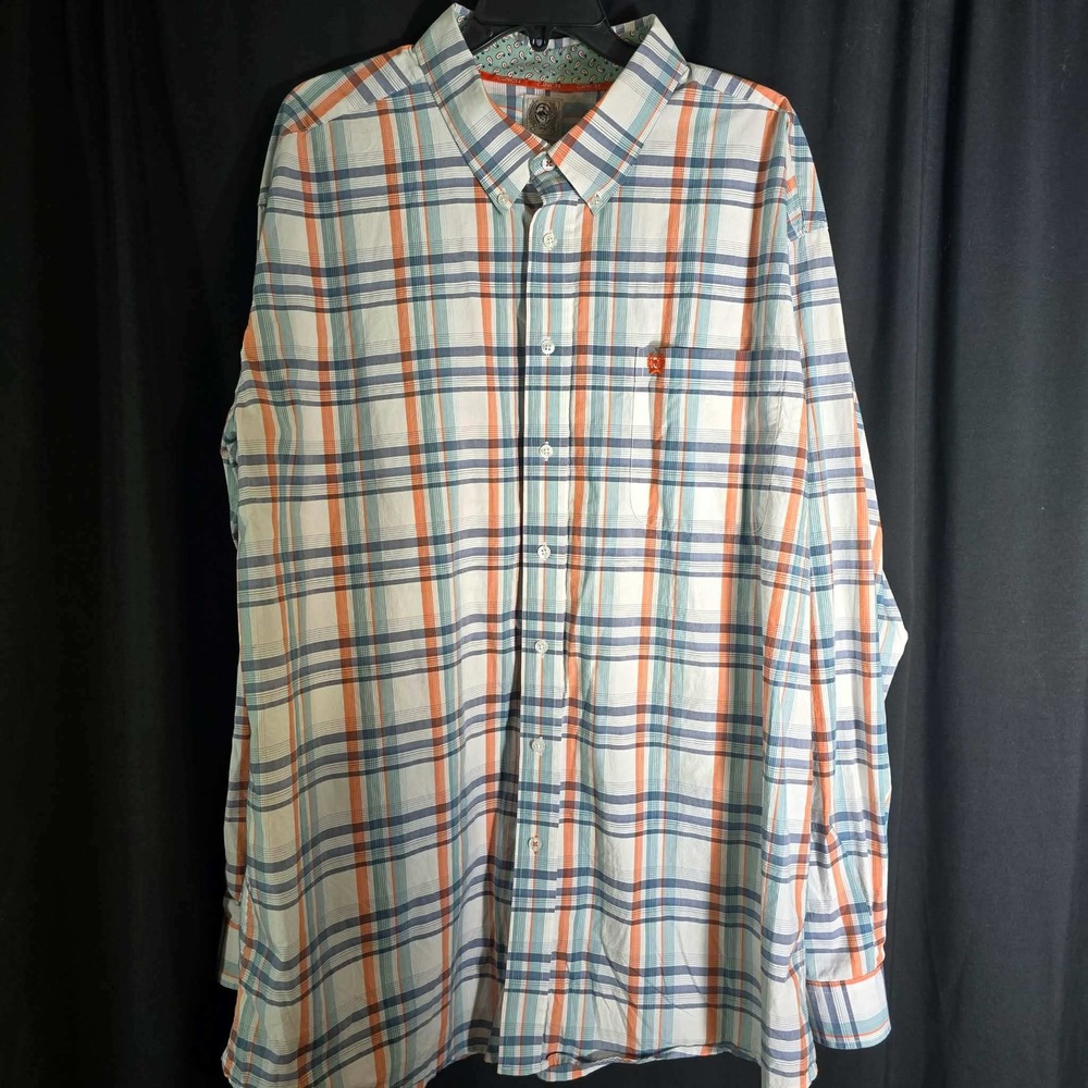 Cinch Mens XXL Plaid Button Down Shirt Blue Orange Long Sleeve Cotton Western‎